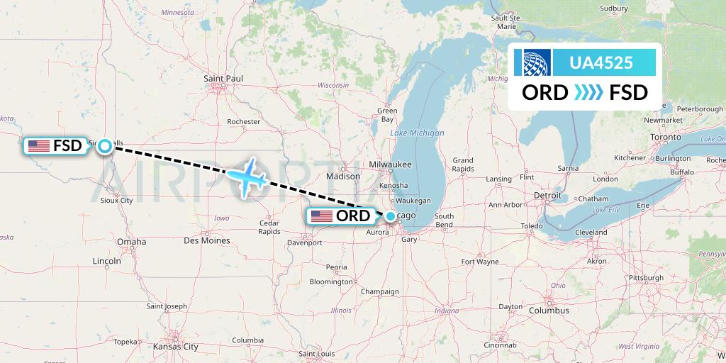 UA4525 United Airlines Flight Map: Chicago to Sioux Falls