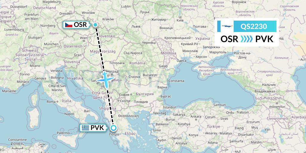 QS2230 Smartwings Flight Map: Ostrava to Preveza