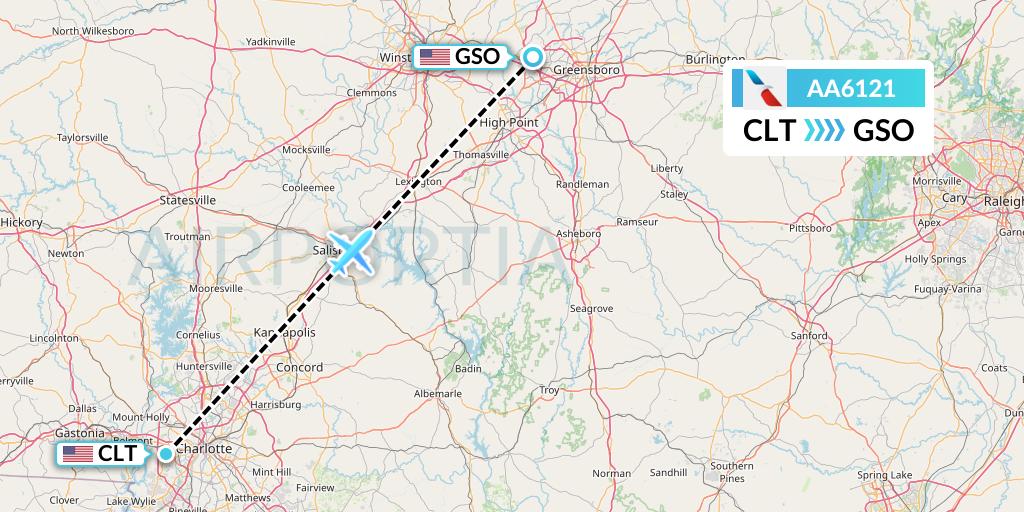 AA6121 American Airlines Flight Map: Charlotte to Greensboro
