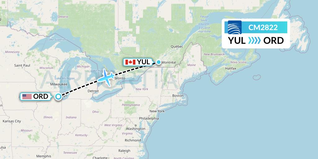 CM2822 Copa Airlines Flight Map: Montreal to Chicago