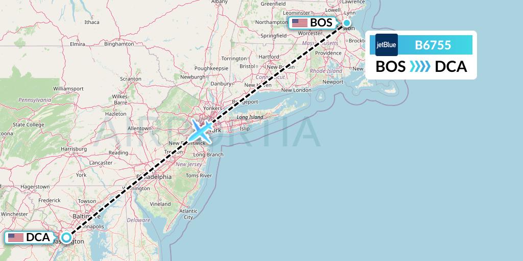 B6755 JetBlue Airways Flight Map: Boston to Washington