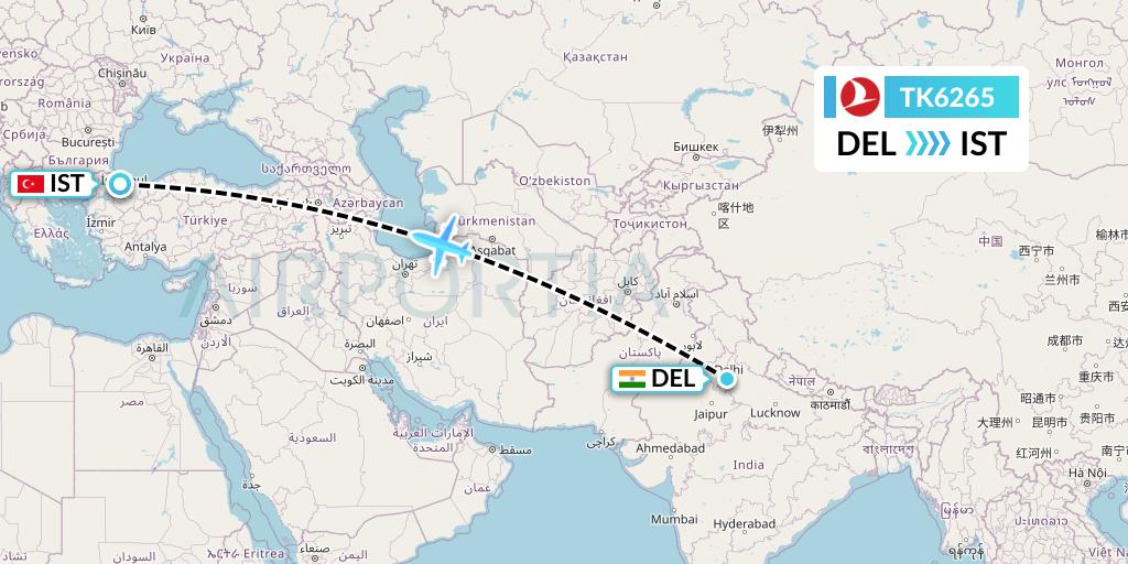 TK6265 Turkish Airlines Flight Map: Delhi to Istanbul