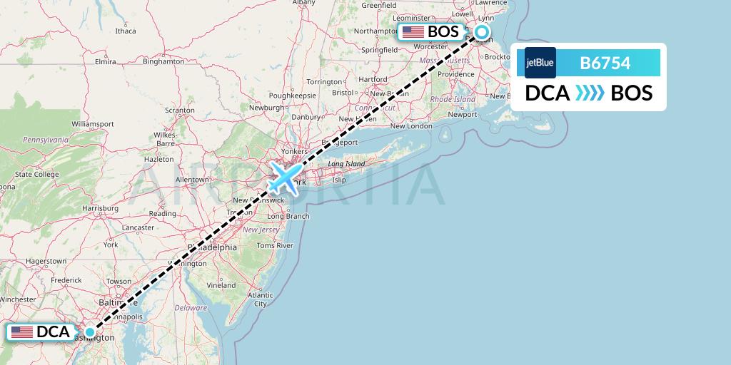 B6754 JetBlue Airways Flight Map: Washington to Boston