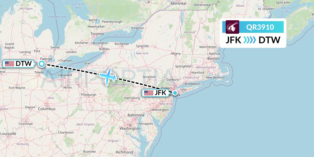 QR3910 Qatar Airways Flight Map: New York to Detroit