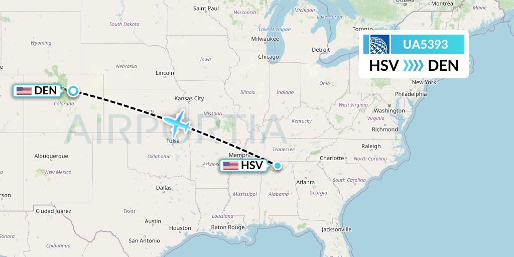 UA5393 United Airlines Flight Map: Huntsville to Denver
