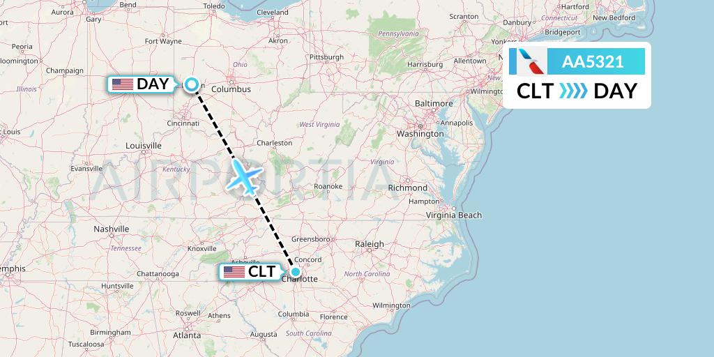 AA5321 American Airlines Flight Map: Charlotte to Dayton