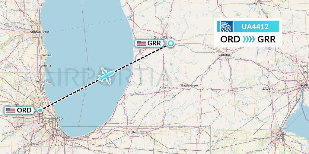 UA4412 United Airlines Flight Map: Chicago to Grand Rapids