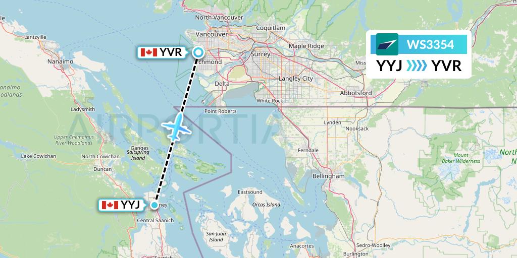 WS3354 WestJet Flight Map: Victoria to Vancouver