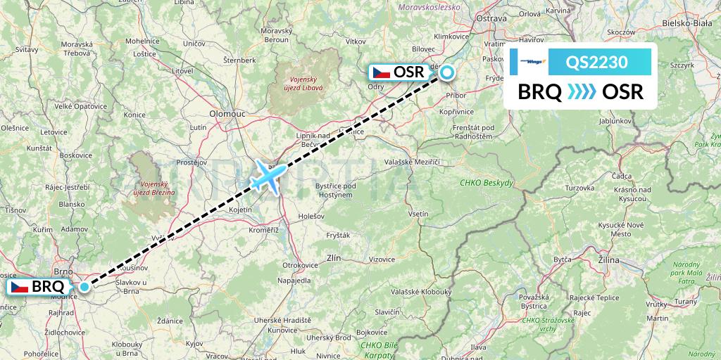 QS2230 Smartwings Flight Map: Brno to Ostrava