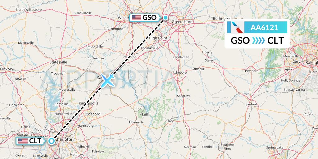 AA6121 American Airlines Flight Map: Greensboro to Charlotte