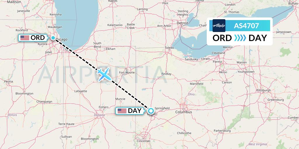 AS4707 Alaska Airlines Flight Map: Chicago to Dayton