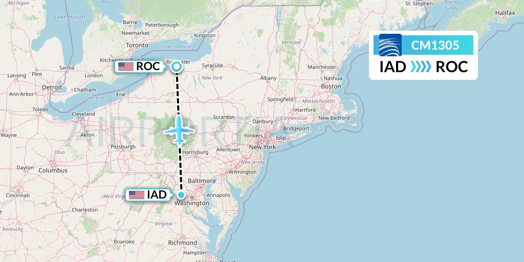CM1305 Copa Airlines Flight Map: Washington to Rochester