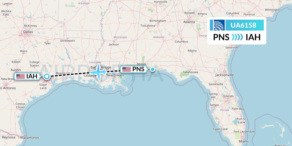 UA6158 United Airlines Flight Map: Pensacola to Houston