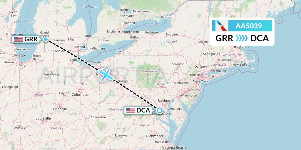 AA5039 American Airlines Flight Map: Grand Rapids to Washington