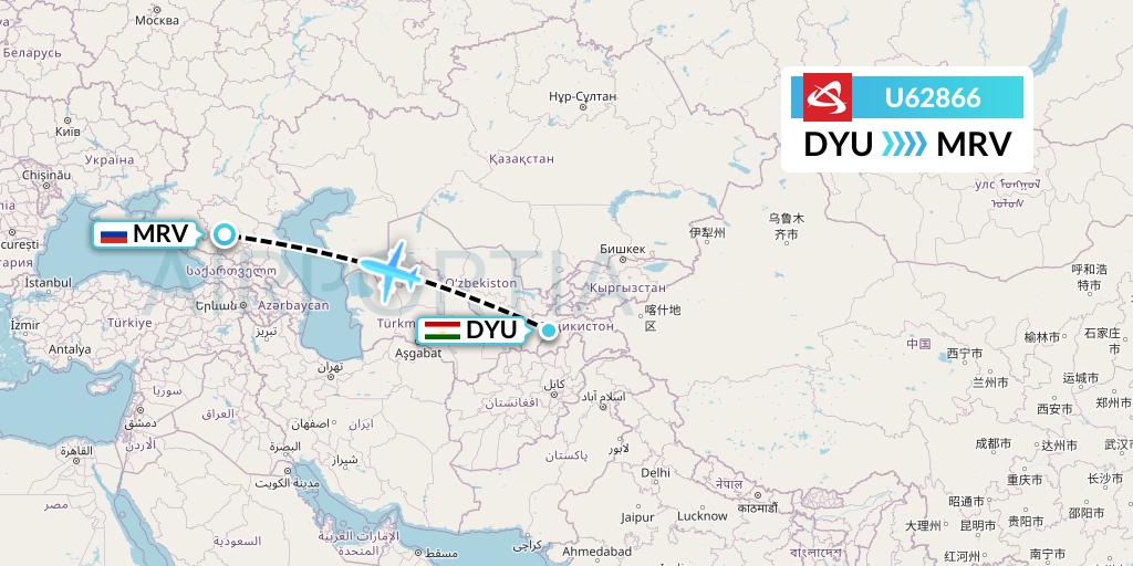 U62866 Ural Airlines Flight Map: Dushanbe to Mineralnye Vody