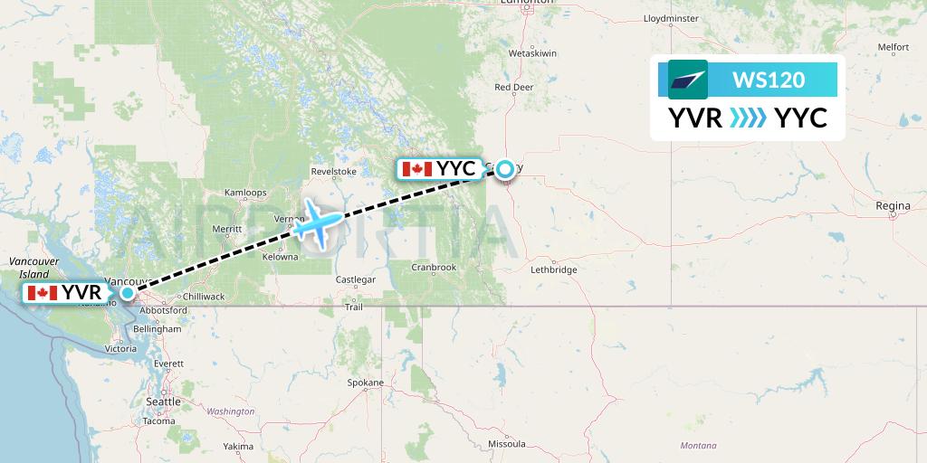 WS120 WestJet Flight Map: Vancouver to Calgary