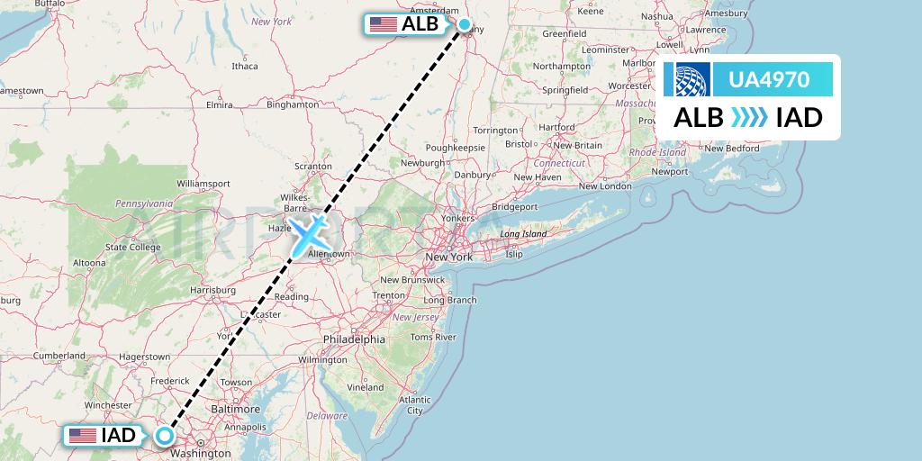 UA4970 United Airlines Flight Map: Albany to Washington