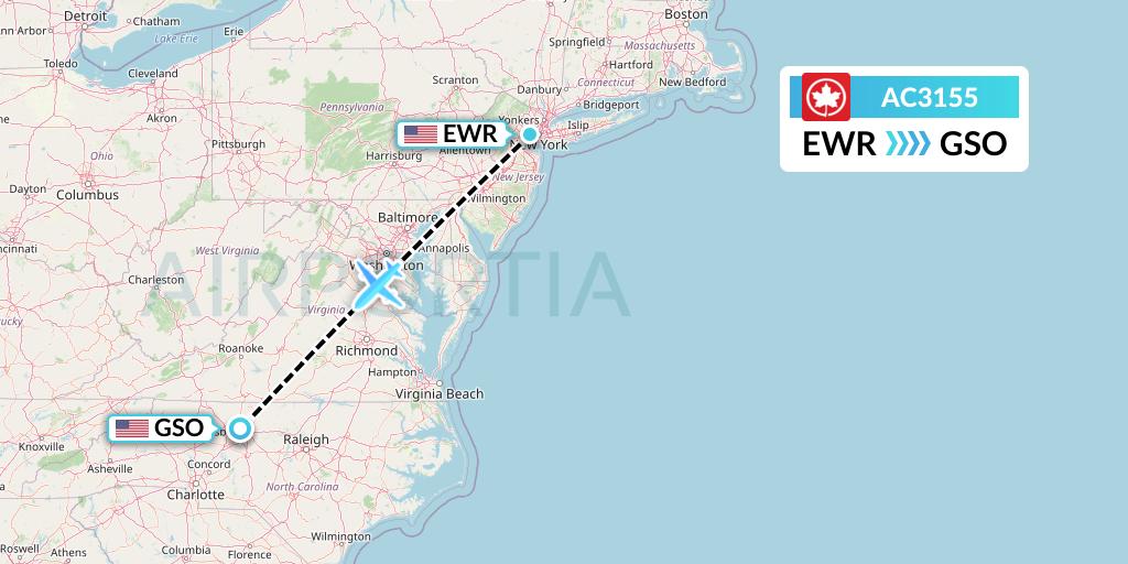AC3155 Air Canada Flight Map: New York to Greensboro