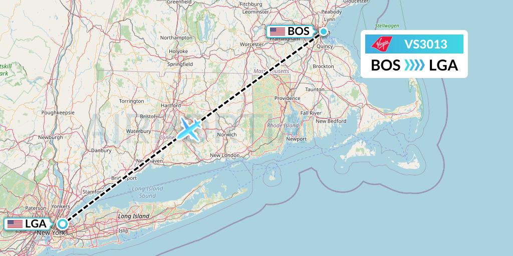 VS3013 Virgin Atlantic Airways Flight Map: Boston to New York