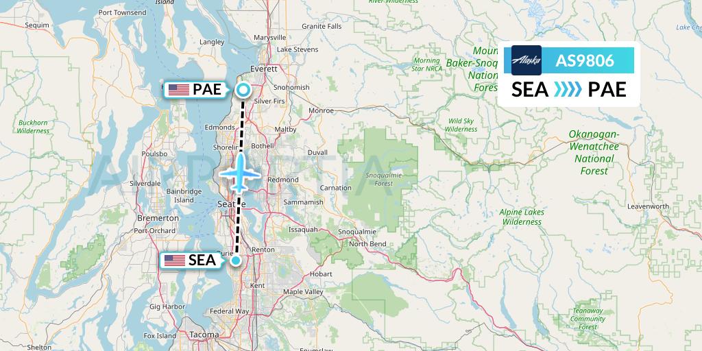 AS9806 Alaska Airlines Flight Map: Seattle to Everett