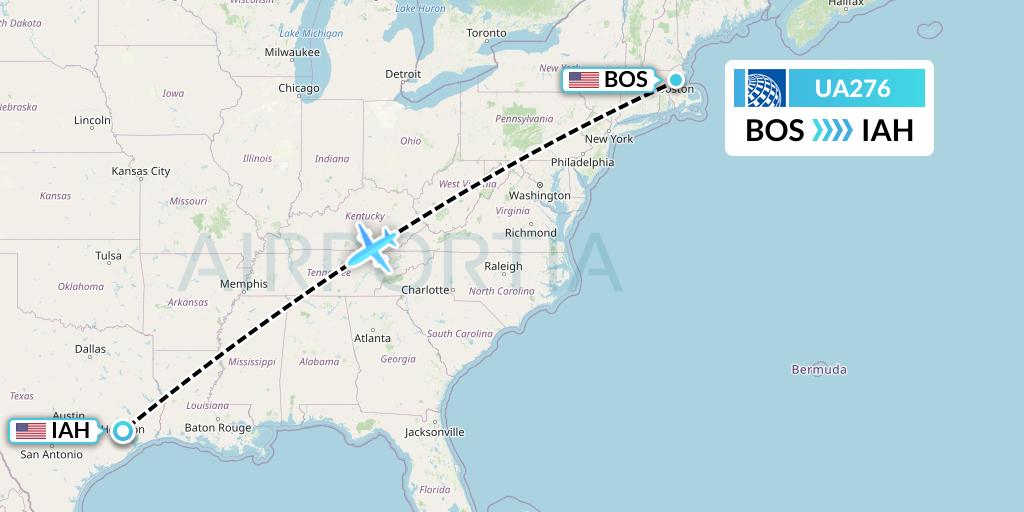 UA276 United Airlines Flight Map: Boston to Houston