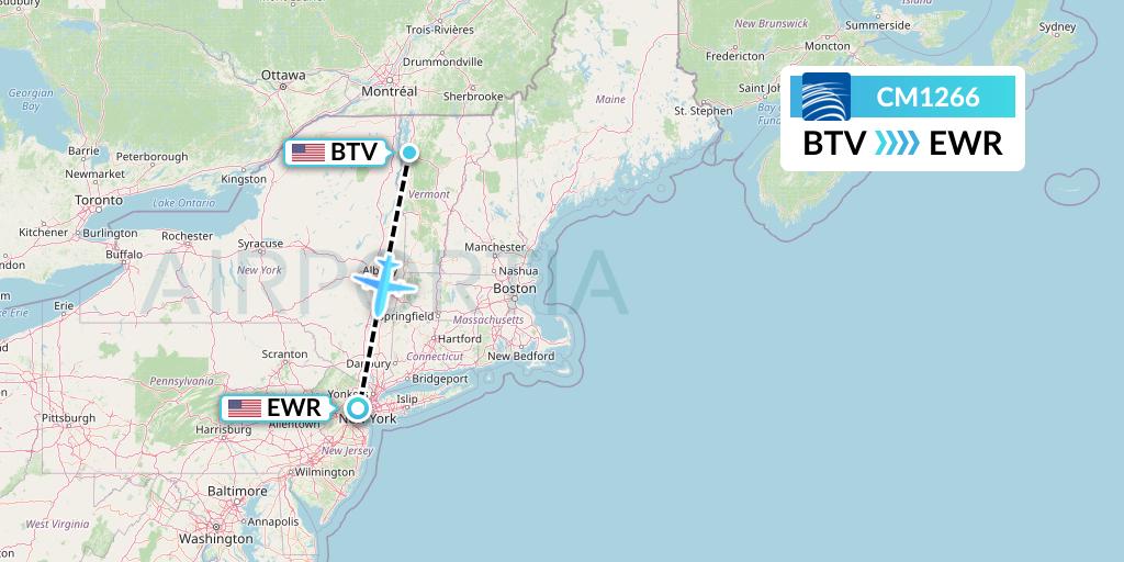 CM1266 Copa Airlines Flight Map: Burlington to New York