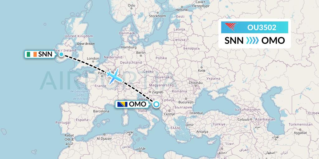 OU3502 Croatia Airlines Flight Map: Shannon to Mostar