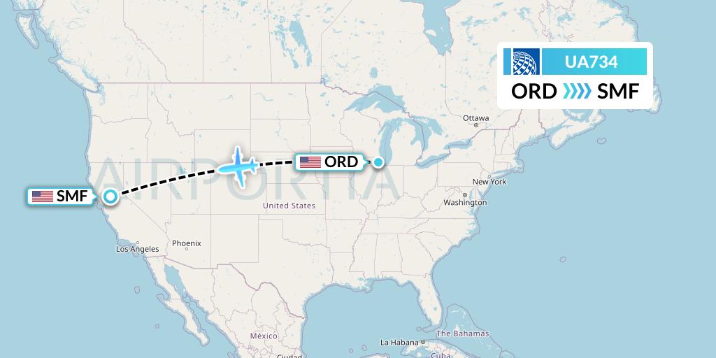 UA734 United Airlines Flight Map: Chicago to Sacramento