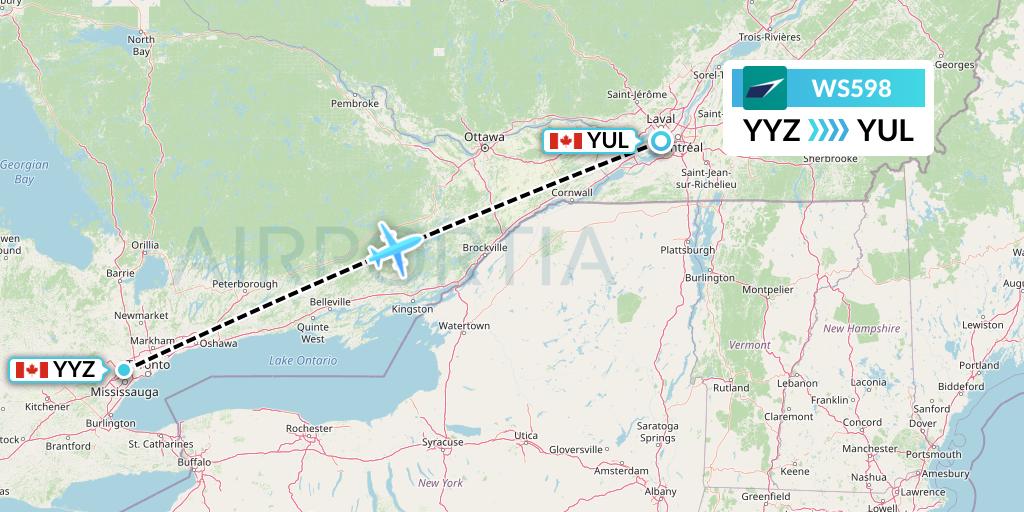 WS598 WestJet Flight Map: Toronto to Montreal