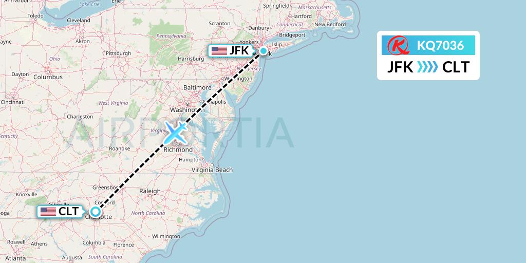 KQ7036 Kenya Airways Flight Map: New York to Charlotte