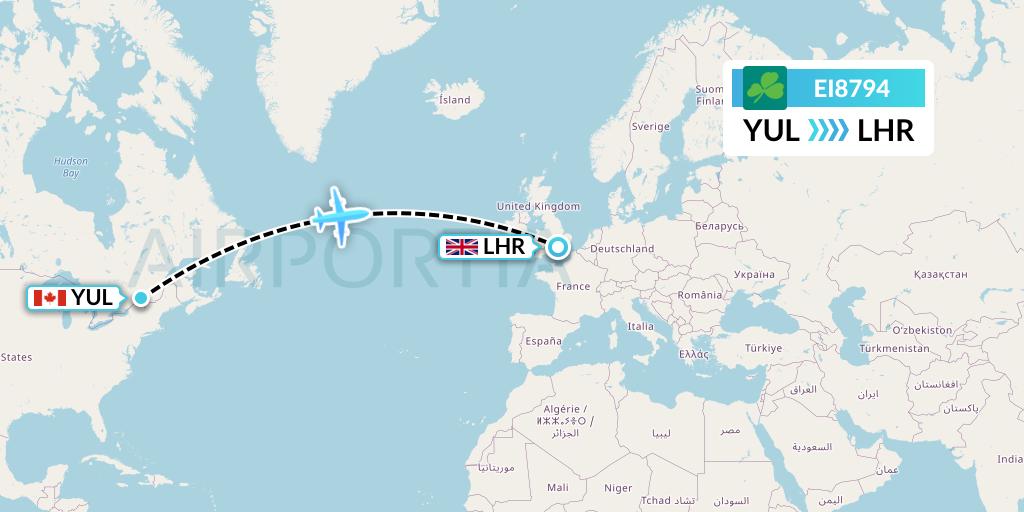 EI8794 Aer Lingus Flight Map: Montreal to London