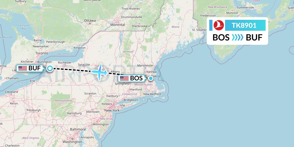 TK8901 Turkish Airlines Flight Map: Boston to Buffalo