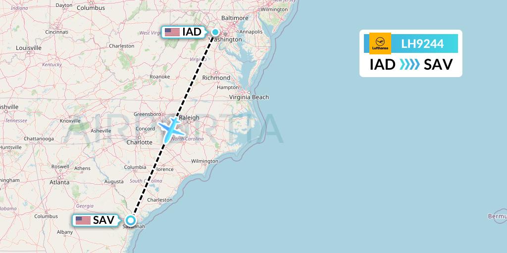 LH9244 Lufthansa Flight Map: Washington to Savannah