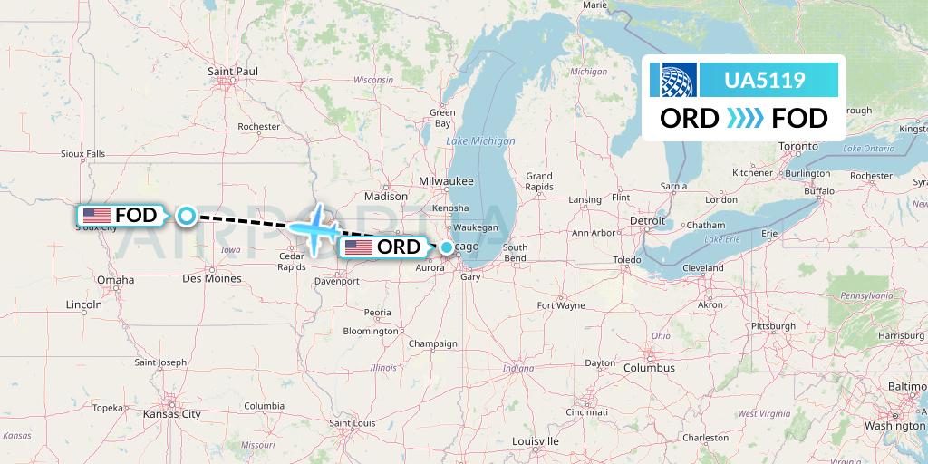 UA5119 United Airlines Flight Map: Chicago to Fort Dodge