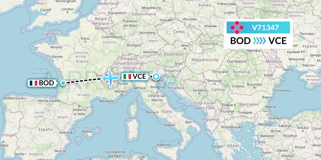 V71347 Volotea Flight Map: Bordeaux to Venice