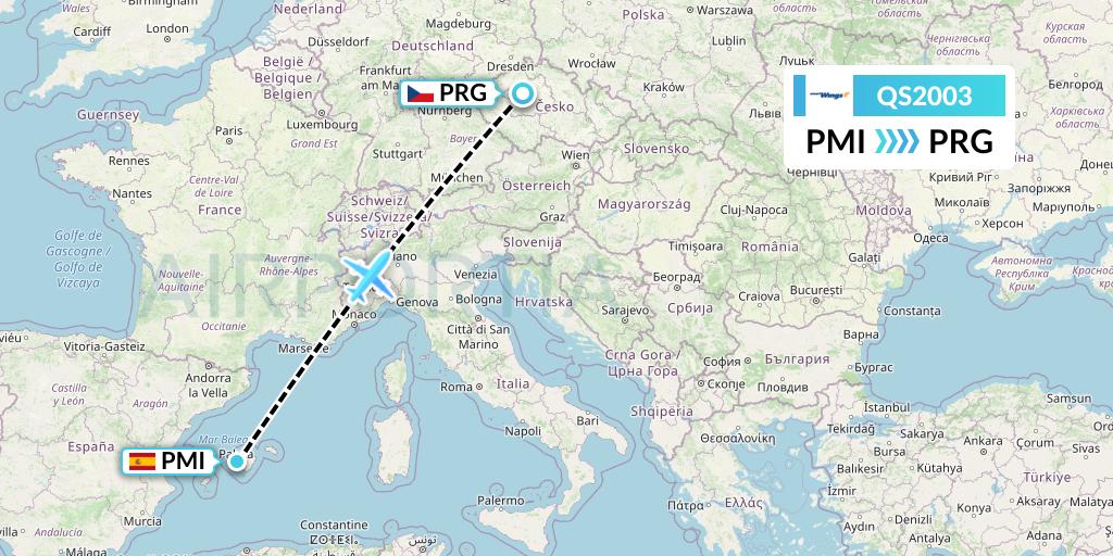 QS2003 Smartwings Flight Map: Palma de Mallorca to Prague