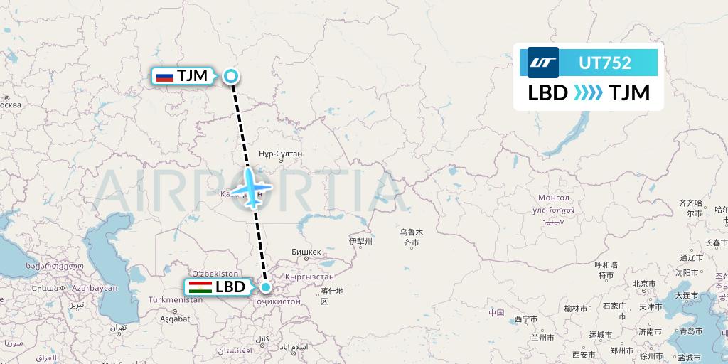 UT752 UTair Flight Map: Khudzhand to Tyumen
