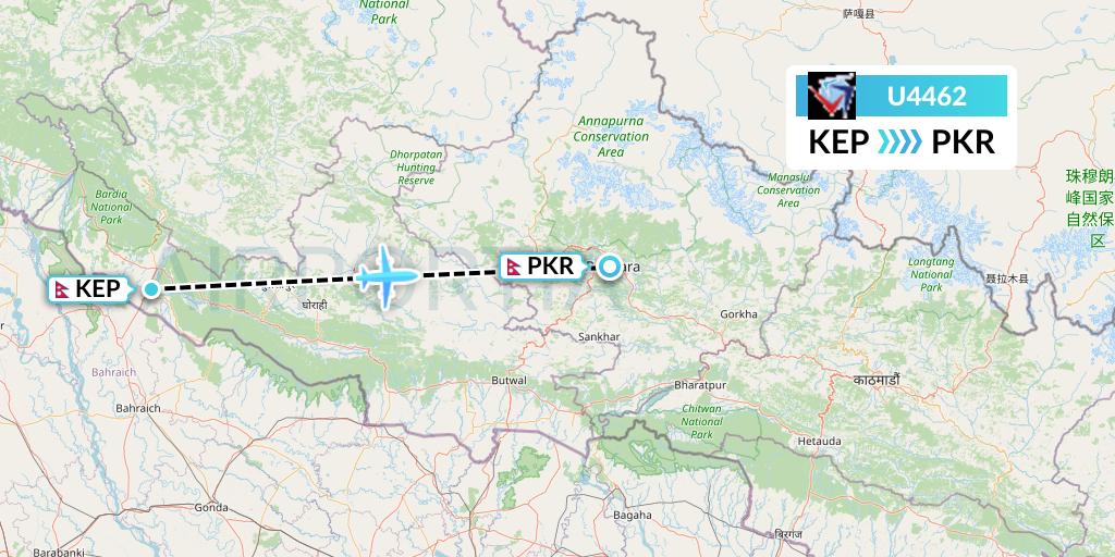 U4462 Buddha Air Flight Map: Nepalgunj to Pokhara