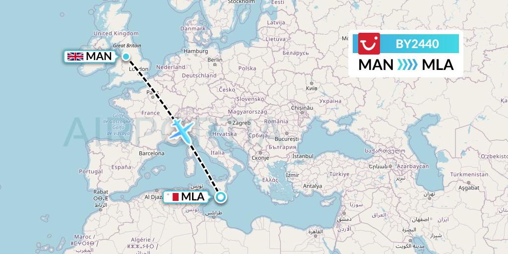 BY2440 TUI Airways Flight Map: Manchester to Malta