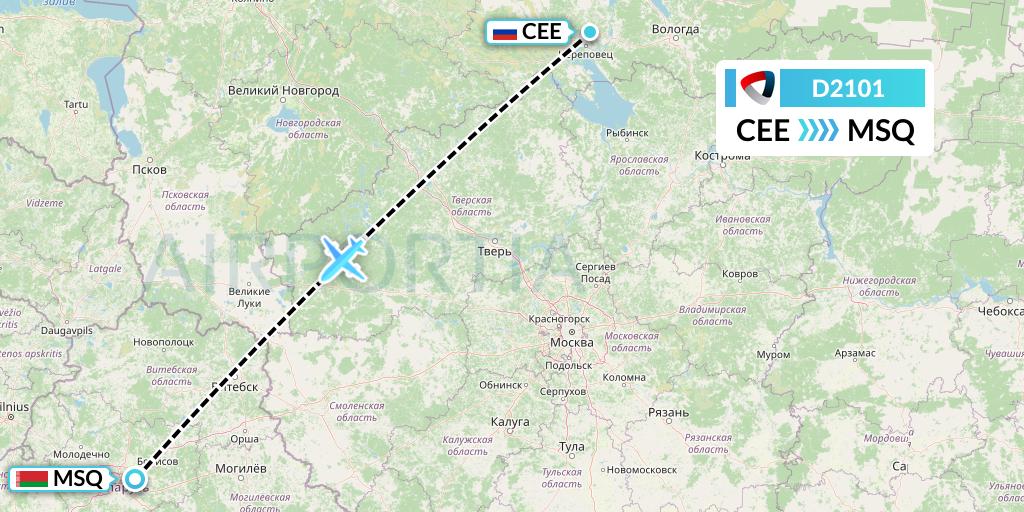 D2101 Severstal Aircompany Flight Map: Cherepovets to Minsk