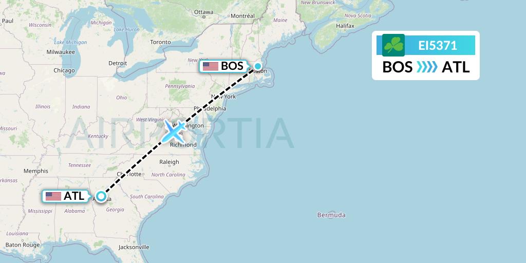 EI5371 Aer Lingus Flight Map: Boston to Atlanta