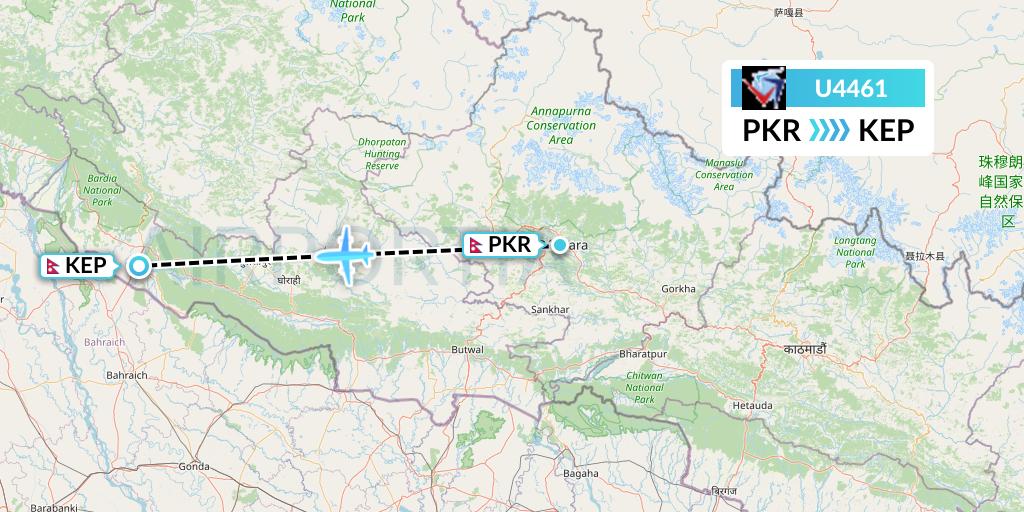 U4461 Buddha Air Flight Map: Pokhara to Nepalgunj
