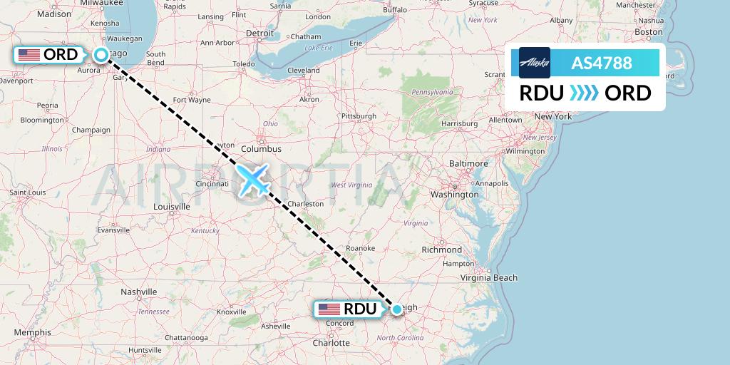 AS4788 Alaska Airlines Flight Map: Raleigh-Durham to Chicago