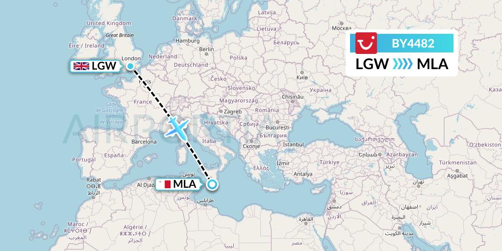 BY4482 TUI Airways Flight Map: London to Malta