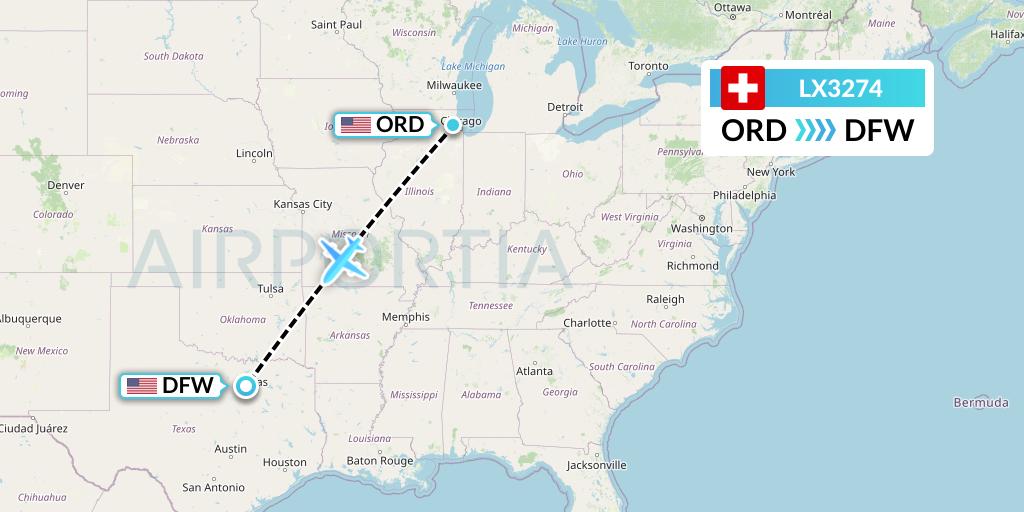 LX3274 Swiss Flight Map: Chicago to Dallas