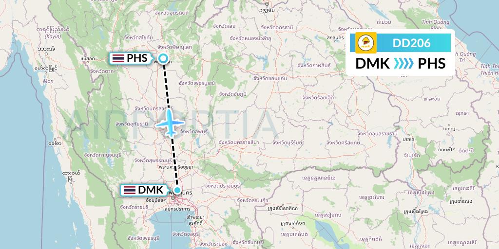 DD206 Nok Air Flight Map: Bangkok to Phitsanulok