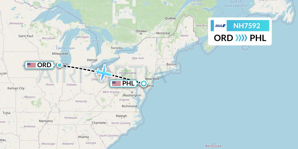 NH7592 All Nippon Airways Flight Map: Chicago to Philadelphia