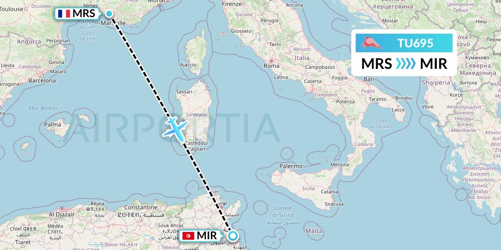 TU695 Tunisair Flight Map: Marseille to Monastir