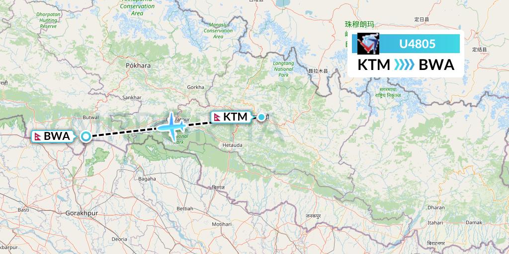 U4805 Buddha Air Flight Map: Kathmandu to Bhairawa