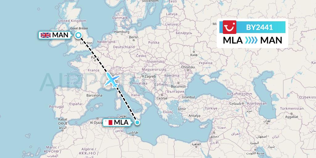 BY2441 TUI Airways Flight Map: Malta to Manchester